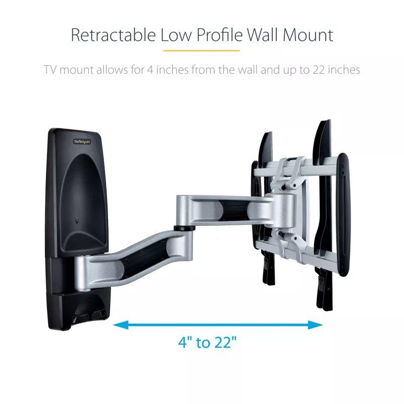 StarTech.com Soporte de pared para TV articulado, Soporte de pared VESA, compatible con televisores de 26 a 65 pulgadas/99 lb/planos/curvos, Soporte de pared plano extensible para TV, Soporte de pared para TV ajustable en esquina