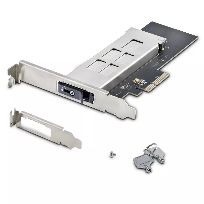 StarTech.com Bahía móvil/backplane M.2 NVMe SSD a PCIe x4 con bandeja extraíble para ranura de expansión PCI Express, instalación sin herramientas, Bahía de disco hot-swap PCIe 4.0/3.0, cerradura con llave – 2 llaves incluidas