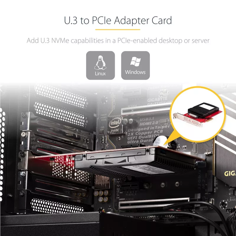StarTech.com tarjeta adaptadora de U.3 a PCIe, adaptador PCIe 4.0 x4 para SSD NVMe U.3 de 2,5 pulgadas, tarjeta de expansión PCI Express SFF-TA-1001 para equipos de sobremesa/servidores, compatible con TAA – independiente del sistema operativo