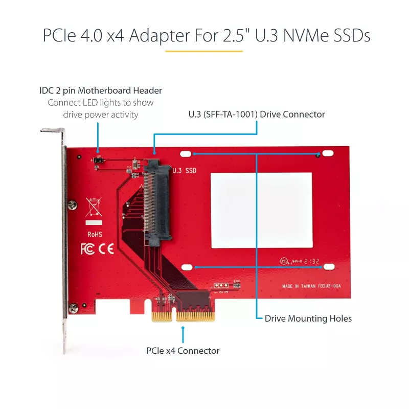 StarTech.com tarjeta adaptadora de U.3 a PCIe, adaptador PCIe 4.0 x4 para SSD NVMe U.3 de 2,5 pulgadas, tarjeta de expansión PCI Express SFF-TA-1001 para equipos de sobremesa/servidores, compatible con TAA – independiente del sistema operativo