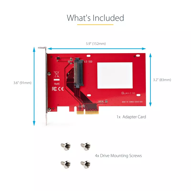 StarTech.com tarjeta adaptadora de U.3 a PCIe, adaptador PCIe 4.0 x4 para SSD NVMe U.3 de 2,5 pulgadas, tarjeta de expansión PCI Express SFF-TA-1001 para equipos de sobremesa/servidores, compatible con TAA – independiente del sistema operativo