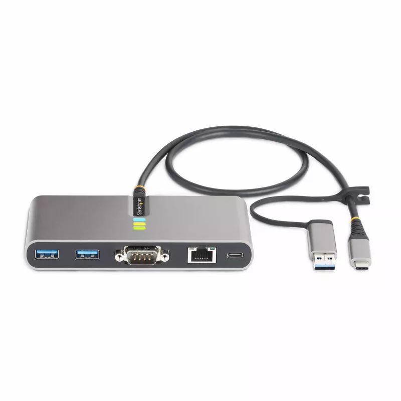 StarTech.com Hub USB-C de 2 puertos con Ethernet y RS-232, Dongle USB-C a USB-A conectado, 100 W PD pass-through, 2x USB-A 5 Gbit/s, Gigabit Ethernet, RS232 Serie (FTDI)