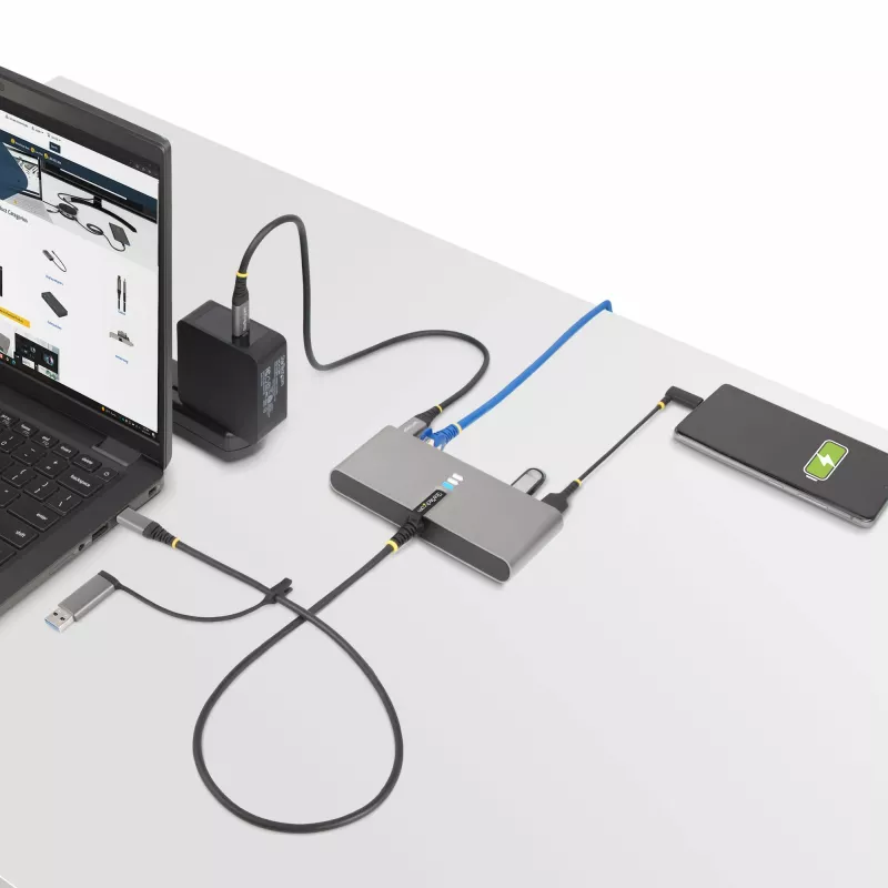 StarTech.com Hub USB-C de 2 puertos con Ethernet y RS-232, Dongle USB-C a USB-A conectado, 100 W PD pass-through, 2x USB-A 5 Gbit/s, Gigabit Ethernet, RS232 Serie (FTDI)