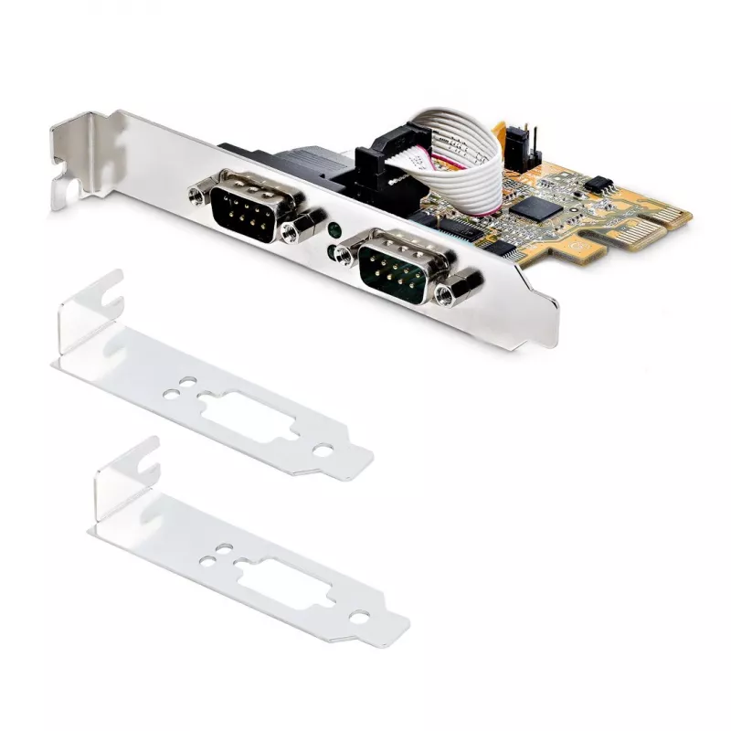 StarTech.com Tarjeta de interfaz serie PCI Express de 2 puertos, Tarjeta serie PCIe dual puerto a RS232 (DB9), 16C1050 UART, Soportes Low/Full Profile, COM Retention, Para Windows/Linux