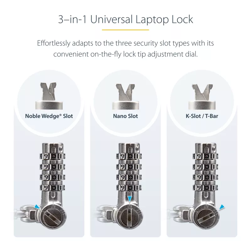 StarTech.com Candado universal para portátil de 2 m, Cable de seguridad para portátiles compatible con Noble Wedge®/Nano/K-Slot; cable candado de combinación sin llave, cable de acero antirrobo resistente a cortes