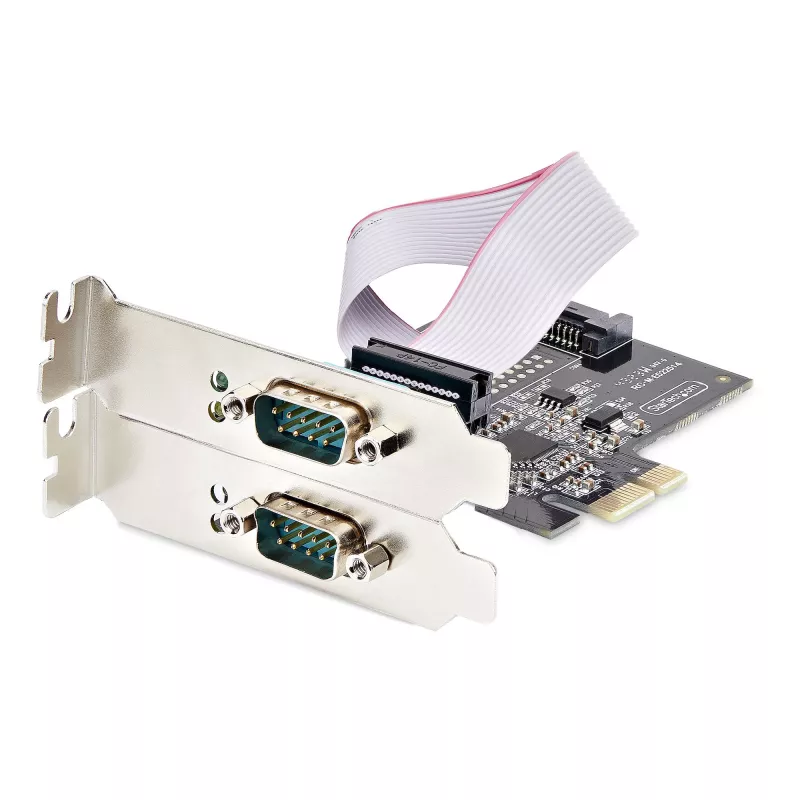 StarTech.com Tarjeta serie PCIe de 2 puertos, Tarjeta serie PCI Express dual puerto a RS232/RS422/RS485 (DB9), Soportes Low-Profile incluidos, 16C1050 UART, Windows/Linux, conforme TAA – Protección ESD Nivel 4