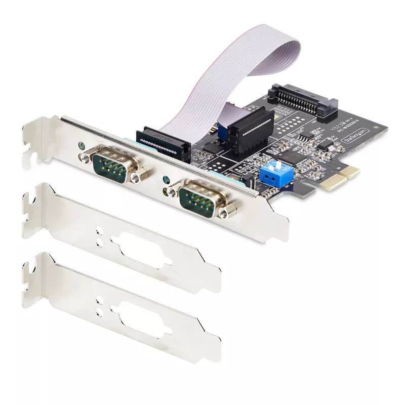 StarTech.com Tarjeta serie PCIe de 2 puertos, Tarjeta serie PCI Express dual puerto a RS232/RS422/RS485 (DB9), Soportes Low-Profile incluidos, 16C1050 UART, Windows/Linux, conforme TAA – Protección ESD Nivel 4