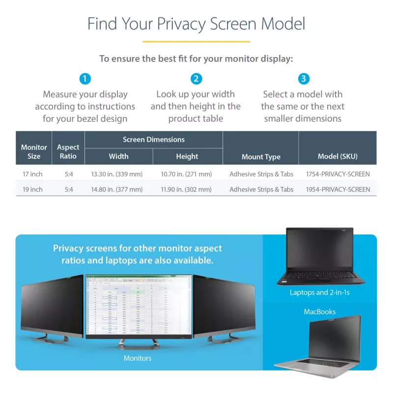 StarTech.com Filtro de privacidad para monitor de ordenador 17 pulgadas 5:4, Lámina de privacidad antirreflejo con reducción del 51% de luz azul, Protector de pantalla para monitor con ángulo de visión de +/- 30°