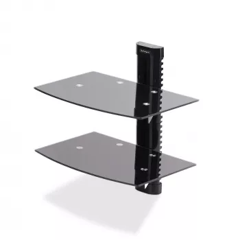StarTech.com Estantes de pared flotantes duales para equipos AV, Estante ajustable en altura para debajo del televisor, Organización de equipos A/V en estantes de cristal templado negro