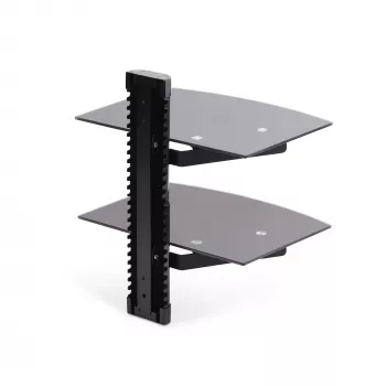 StarTech.com Estantes de pared flotantes duales para equipos AV, Estante ajustable en altura para debajo del televisor, Organización de equipos A/V en estantes de cristal templado negro