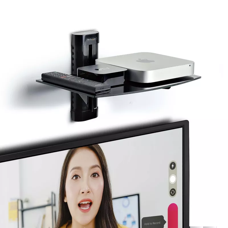 StarTech.com Estante AV flotante de pared, Estante ajustable en altura para debajo del televisor, Organización de equipos A/V en estante de cristal templado negro