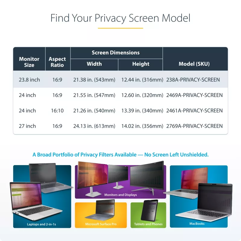StarTech.com Filtro de privacidad para monitor de 60,5 cm (23,8 inch) 16:9, filtro acrílico colgante, filtro de privacidad de montaje rápido, protector de pantalla para monitor, ángulo de visión +/-30°, brillante