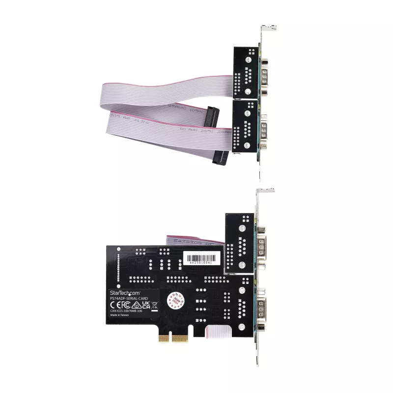 StarTech.com Tarjeta PCIe serie de 4 puertos, tarjeta serie PCI Express de cuatro puertos a RS232/RS422/RS485 (DB9), soporte de perfil bajo incl., UART 16C1050, Windows/Linux, conforme a TAA – Protección ESD nivel 4