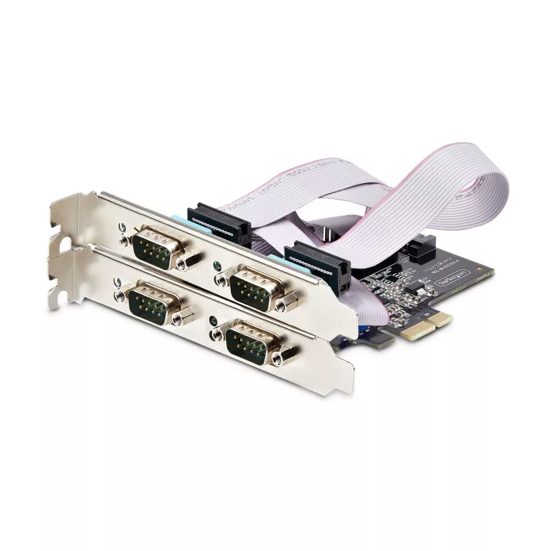 StarTech.com Tarjeta PCIe serie de 4 puertos, tarjeta serie PCI Express de cuatro puertos a RS232/RS422/RS485 (DB9), soporte de perfil bajo incl., UART 16C1050, Windows/Linux, conforme a TAA – Protección ESD nivel 4
