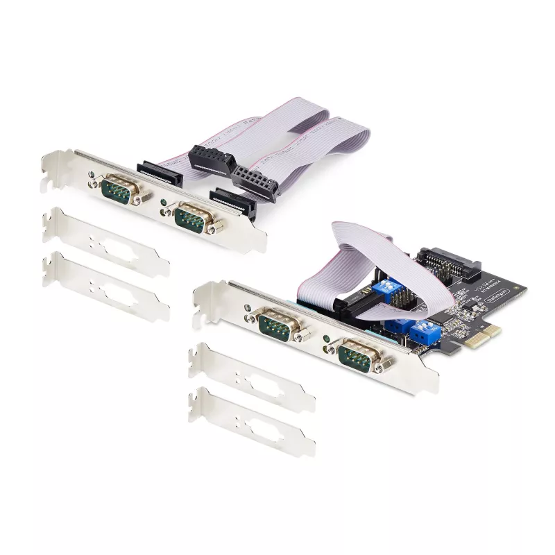 StarTech.com Tarjeta PCIe serie de 4 puertos, tarjeta serie PCI Express de cuatro puertos a RS232/RS422/RS485 (DB9), soporte de perfil bajo incl., UART 16C1050, Windows/Linux, conforme a TAA – Protección ESD nivel 4