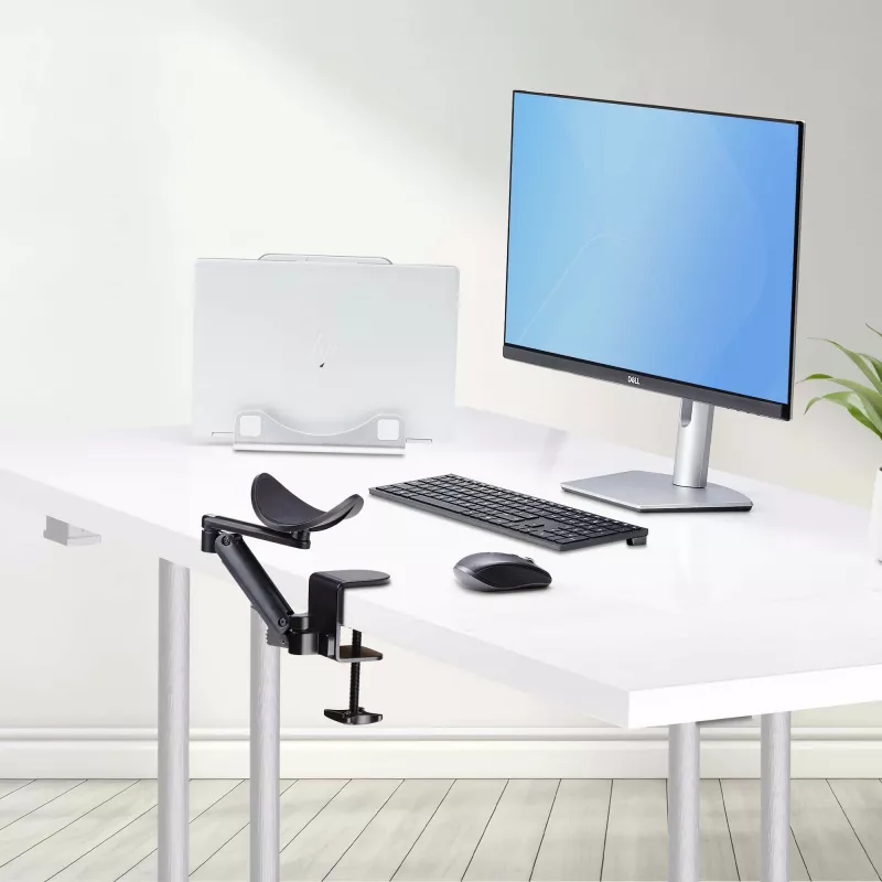 StarTech.com Reposabrazos ajustable para escritorio de oficina, soporte ergonómico para brazo/codo, giro de 360 grados, montaje por pinza/sin taladrar, negro