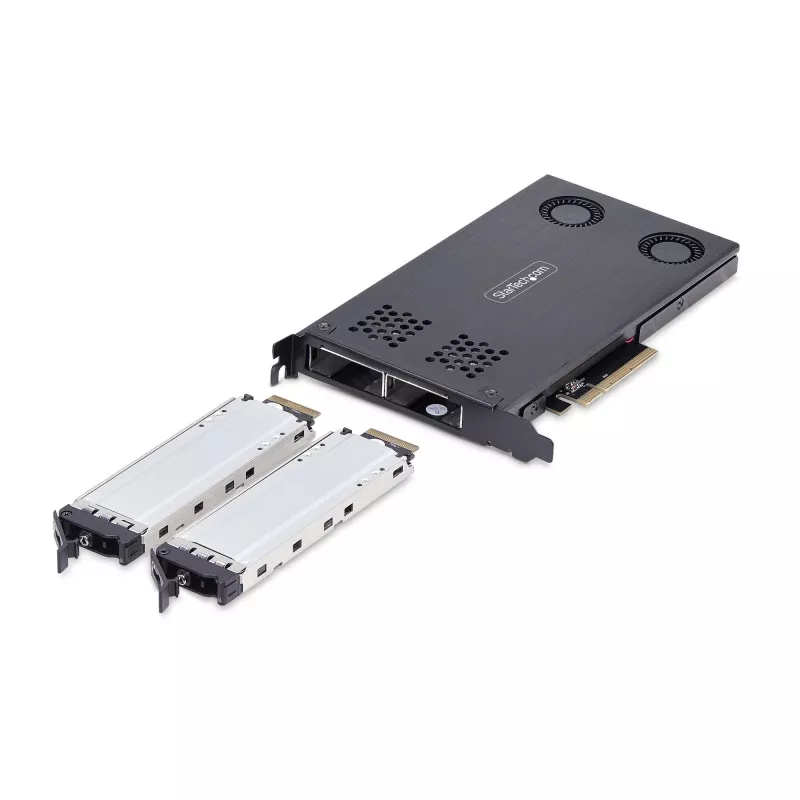 StarTech.com Bahía extraíble M.2 NVMe SSD a PCIe x8 de doble bahía; requiere bifurcación; instalación sin herramientas, backplane PCIe con dos bahías de unidad hot-swap