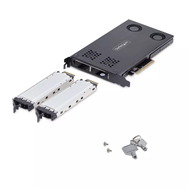 StarTech.com Bahía extraíble M.2 NVMe SSD a PCIe x8 de doble bahía; requiere bifurcación; instalación sin herramientas, backplane PCIe con dos bahías de unidad hot-swap