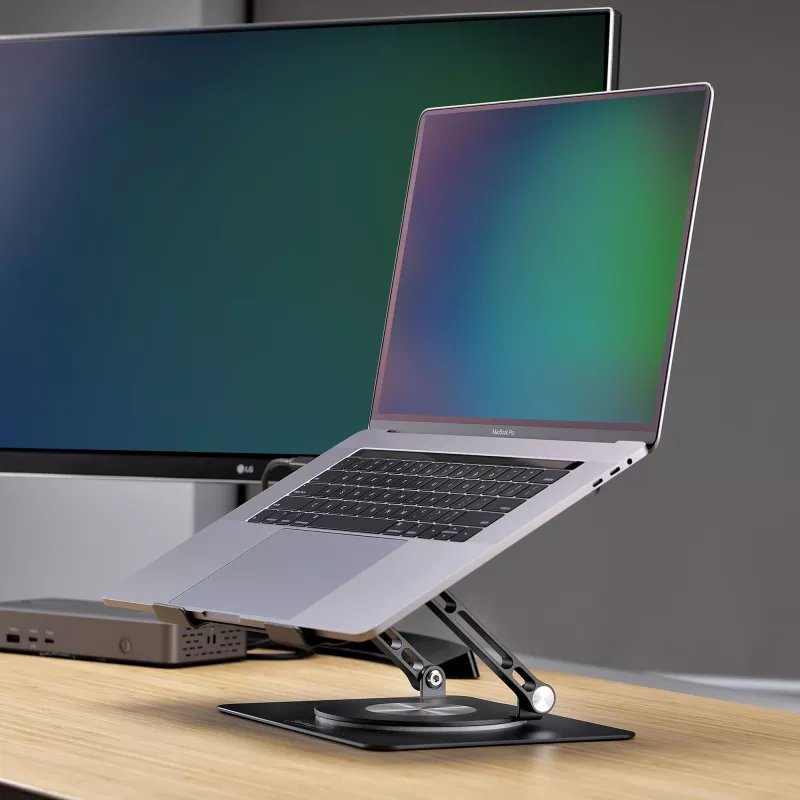 StarTech.com Soporte giratorio para portátil, giratorio 360°, elevador de escritorio ergonómico para ordenador, plataforma elevada con inclinación ajustable, máx. 5 kg, construcción de aluminio, diseño portátil