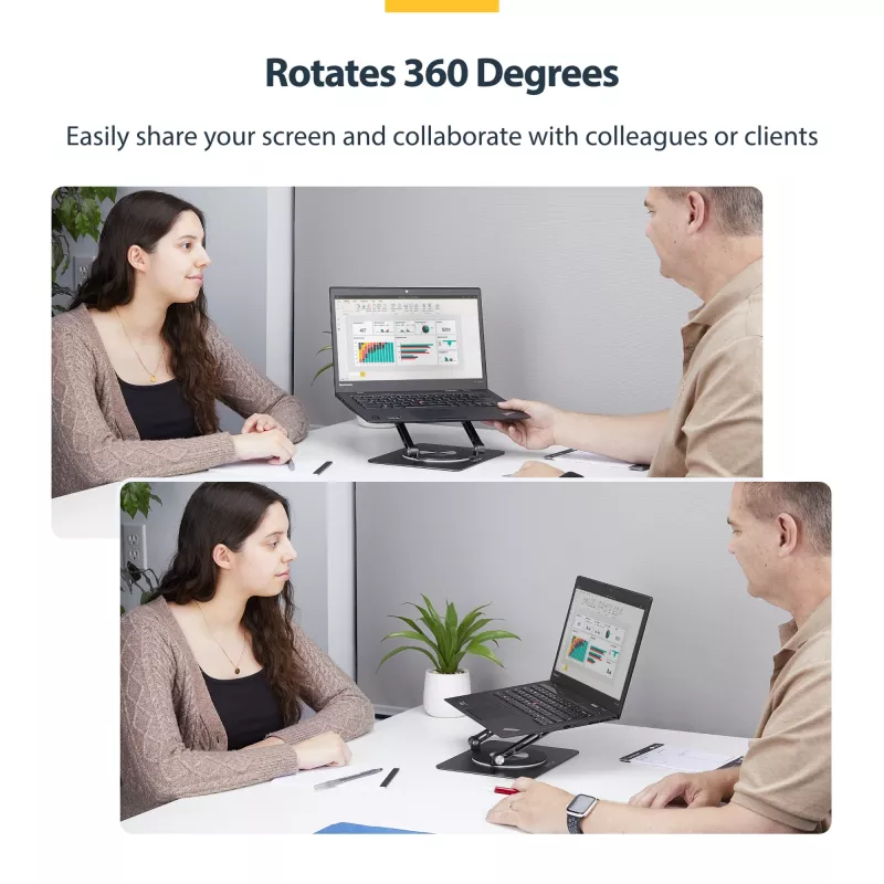 StarTech.com Soporte giratorio para portátil, giratorio 360°, elevador de escritorio ergonómico para ordenador, plataforma elevada con inclinación ajustable, máx. 5 kg, construcción de aluminio, diseño portátil