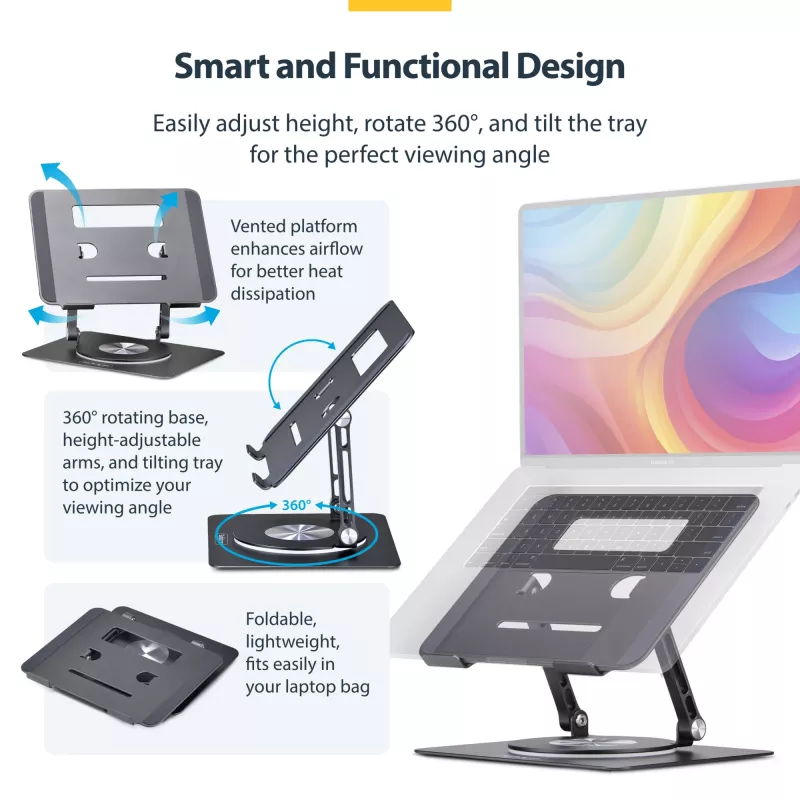 StarTech.com Soporte giratorio para portátil, giratorio 360°, elevador de escritorio ergonómico para ordenador, plataforma elevada con inclinación ajustable, máx. 5 kg, construcción de aluminio, diseño portátil