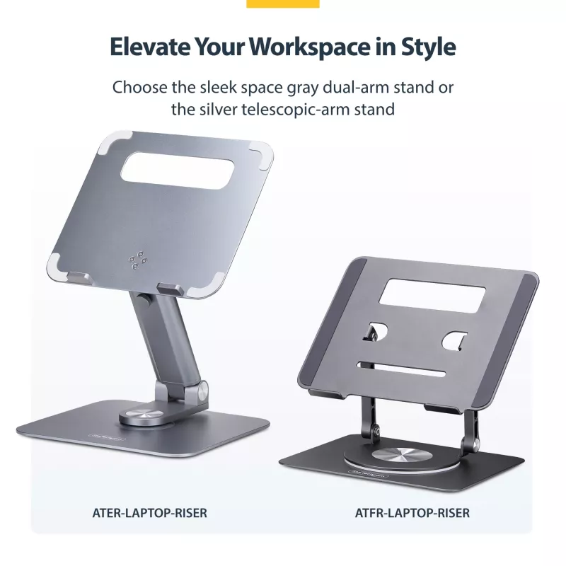StarTech.com Soporte giratorio para portátil, giratorio 360°, elevador de escritorio ergonómico para ordenador, plataforma elevada con inclinación ajustable, máx. 5 kg, construcción de aluminio, diseño portátil