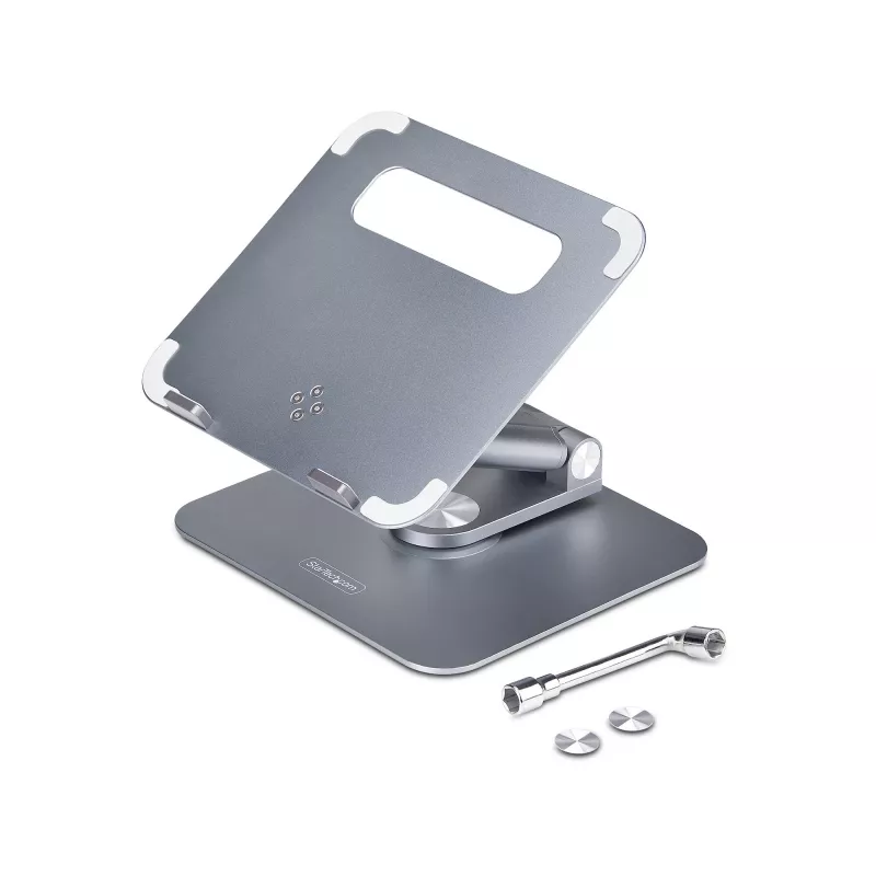 StarTech.com Soporte telescópico para portátil, base giratoria 360°, elevador de ordenador giratorio para escritorio, altura e inclinación ajustables, máx. 5 kg, acabado de aluminio, diseño portátil