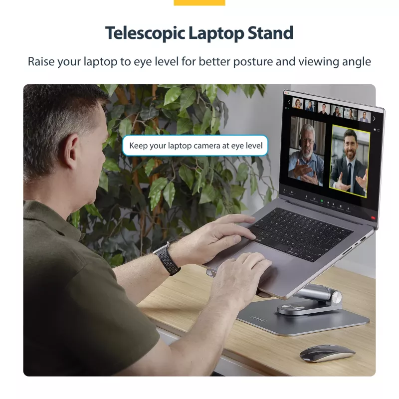StarTech.com Soporte telescópico para portátil, base giratoria 360°, elevador de ordenador giratorio para escritorio, altura e inclinación ajustables, máx. 5 kg, acabado de aluminio, diseño portátil