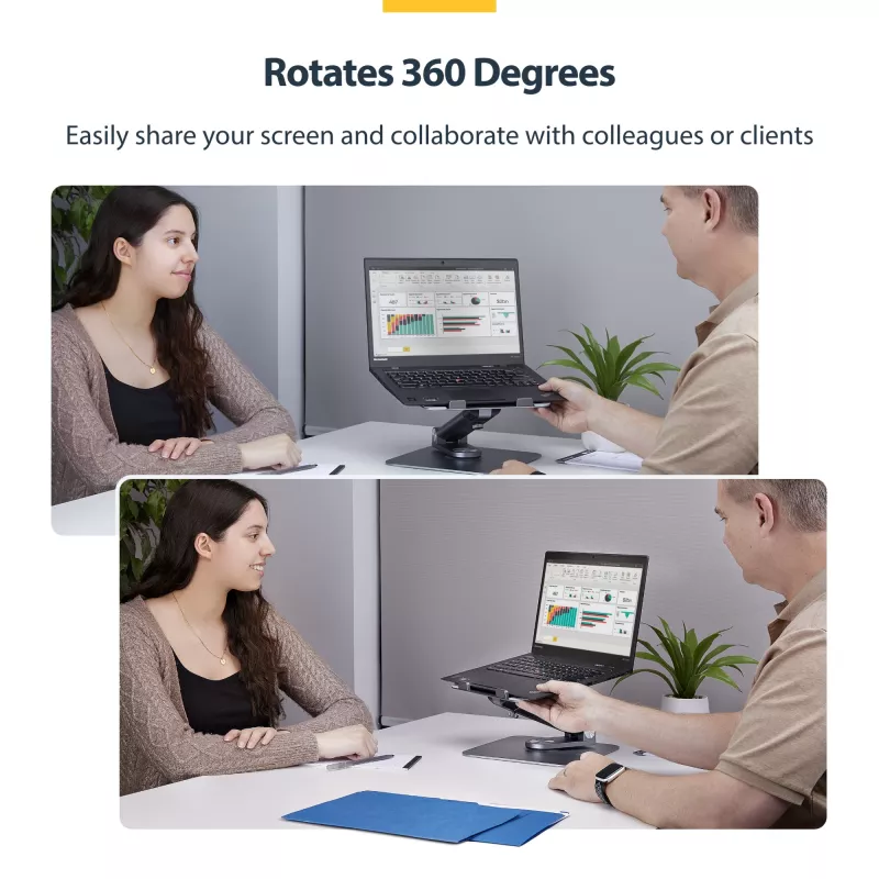 StarTech.com Soporte telescópico para portátil, base giratoria 360°, elevador de ordenador giratorio para escritorio, altura e inclinación ajustables, máx. 5 kg, acabado de aluminio, diseño portátil