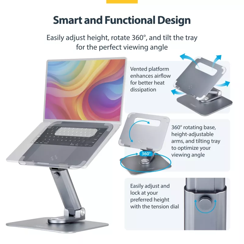 StarTech.com Soporte telescópico para portátil, base giratoria 360°, elevador de ordenador giratorio para escritorio, altura e inclinación ajustables, máx. 5 kg, acabado de aluminio, diseño portátil