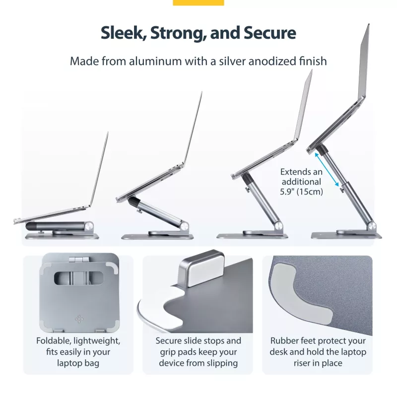 StarTech.com Soporte telescópico para portátil, base giratoria 360°, elevador de ordenador giratorio para escritorio, altura e inclinación ajustables, máx. 5 kg, acabado de aluminio, diseño portátil