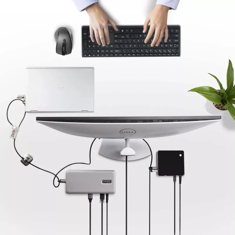 StarTech.com Kit de bloqueo para portátil/sobremesa y periféricos, candado de seguridad antirrobo, ranura K, cable de acero de 9,8 pies (3 m), 3 dispositivos, código de 4 dígitos personalizable – TAA