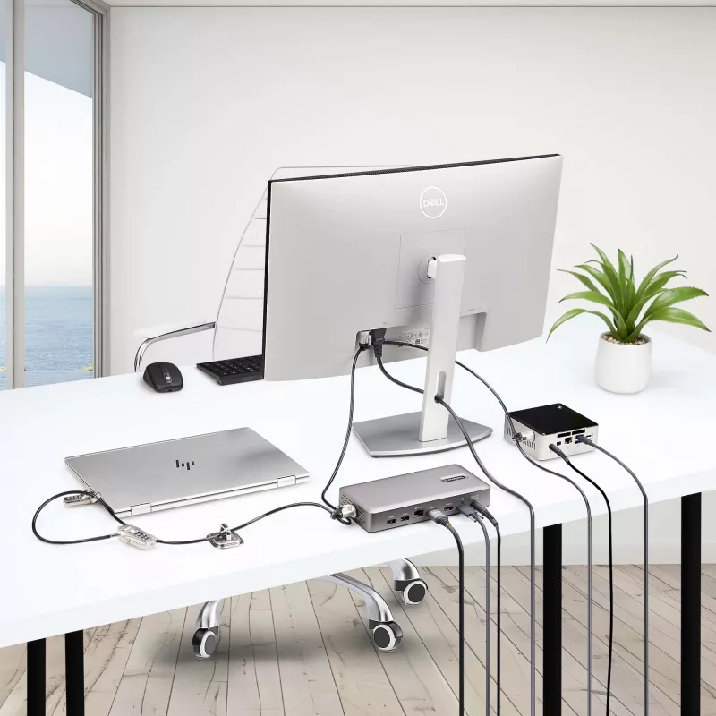 StarTech.com Kit de bloqueo para portátil/sobremesa y periféricos, candado de seguridad antirrobo, ranura K, cable de acero de 9,8 pies (3 m), 3 dispositivos, código de 4 dígitos personalizable – TAA