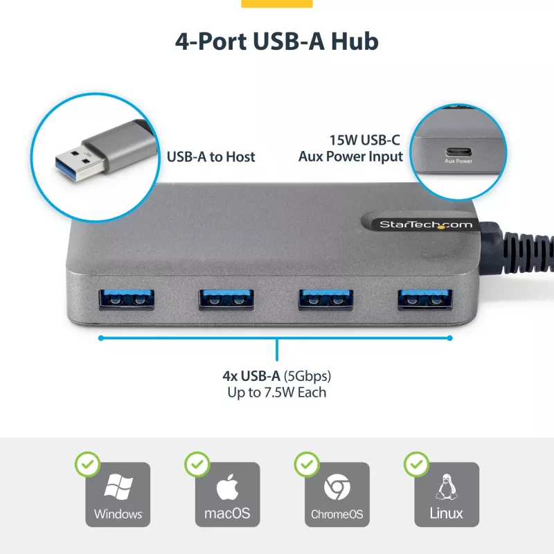 StarTech.com Hub USB-A de 4 puertos, 5 Gbit/s, alimentado por bus, hub USB-A a 4x USB-A con entrada de alimentación auxiliar USB-C, cable host de 30 cm, hub USB portátil para sobremesa/portátil