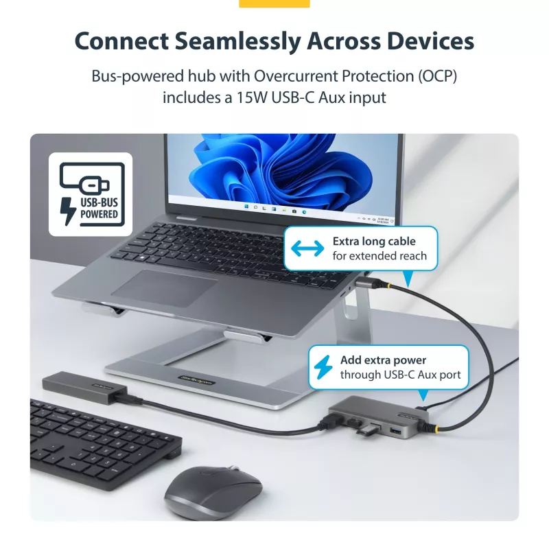 StarTech.com Hub USB-A de 4 puertos, 5 Gbit/s, alimentado por bus, hub USB-A a 4x USB-A con entrada de alimentación auxiliar USB-C, cable host de 30 cm, hub USB portátil para sobremesa/portátil