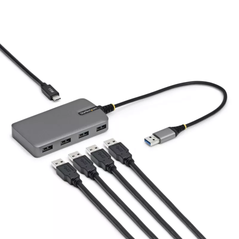 StarTech.com Hub USB-A de 4 puertos, 5 Gbit/s, alimentado por bus, hub USB-A a 4x USB-A con entrada de alimentación auxiliar USB-C, cable host de 30 cm, hub USB portátil para sobremesa/portátil