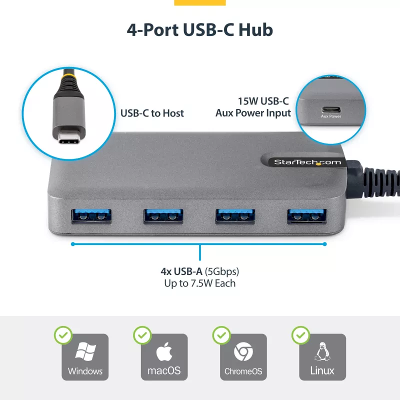 StarTech.com Hub USB-C de 4 puertos, 5 Gbit/s, alimentado por bus, hub USB-C a 4x USB-A con entrada de alimentación auxiliar USB-C, cable host de 1ft/30cm, hub USB portátil para sobremesa/portátil