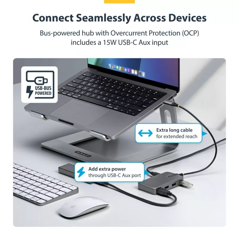 StarTech.com Hub USB-C de 4 puertos, 5 Gbit/s, alimentado por bus, hub USB-C a 4x USB-A con entrada de alimentación auxiliar USB-C, cable host de 1ft/30cm, hub USB portátil para sobremesa/portátil