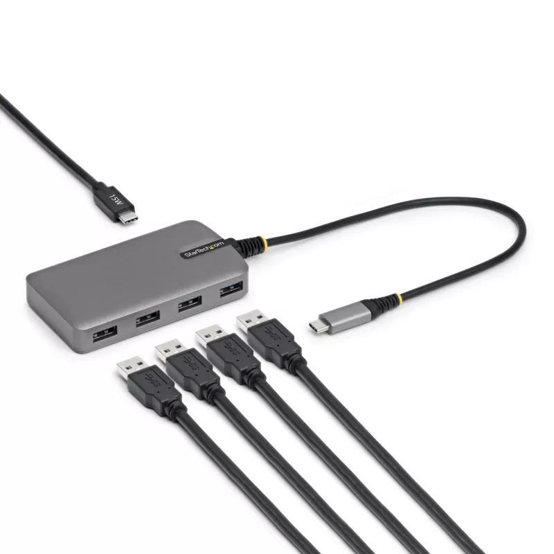 StarTech.com Hub USB-C de 4 puertos, 5 Gbit/s, alimentado por bus, hub USB-C a 4x USB-A con entrada de alimentación auxiliar USB-C, cable host de 1ft/30cm, hub USB portátil para sobremesa/portátil