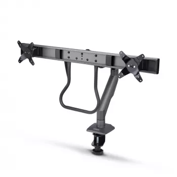 StarTech.com Soporte de escritorio brazo doble para monitor con barra transversal, hasta pantallas de 27 pulgadas, VESA 75x75/100x100, máx. 33 lb/15 kg, pinza en C, totalmente articulado, resorte mecánico, TAA