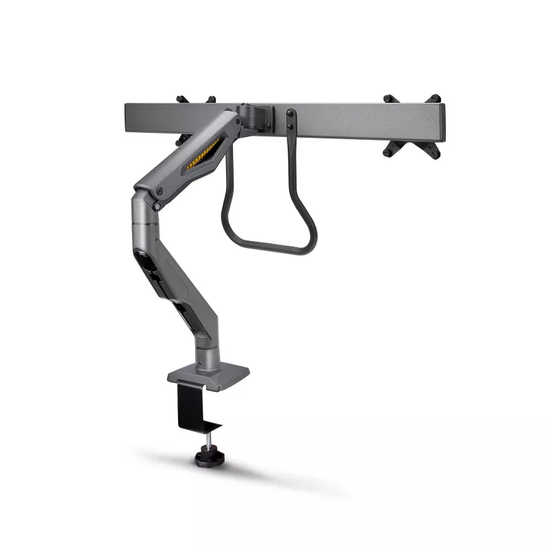 StarTech.com Soporte de escritorio brazo doble para monitor con barra transversal, hasta pantallas de 27 pulgadas, VESA 75x75/100x100, máx. 33 lb/15 kg, pinza en C, totalmente articulado, resorte mecánico, TAA