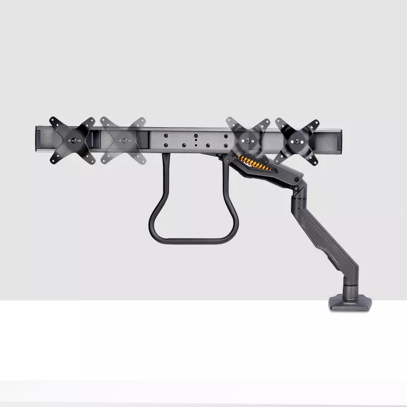 StarTech.com Soporte de escritorio brazo doble para monitor con barra transversal, hasta pantallas de 27 pulgadas, VESA 75x75/100x100, máx. 33 lb/15 kg, pinza en C, totalmente articulado, resorte mecánico, TAA