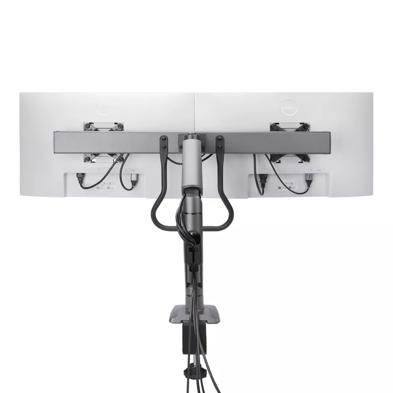 StarTech.com Soporte de escritorio brazo doble para monitor con barra transversal, hasta pantallas de 27 pulgadas, VESA 75x75/100x100, máx. 33 lb/15 kg, pinza en C, totalmente articulado, resorte mecánico, TAA