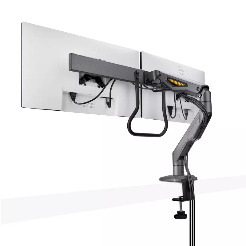 StarTech.com Soporte de escritorio brazo doble para monitor con barra transversal, hasta pantallas de 27 pulgadas, VESA 75x75/100x100, máx. 33 lb/15 kg, pinza en C, totalmente articulado, resorte mecánico, TAA