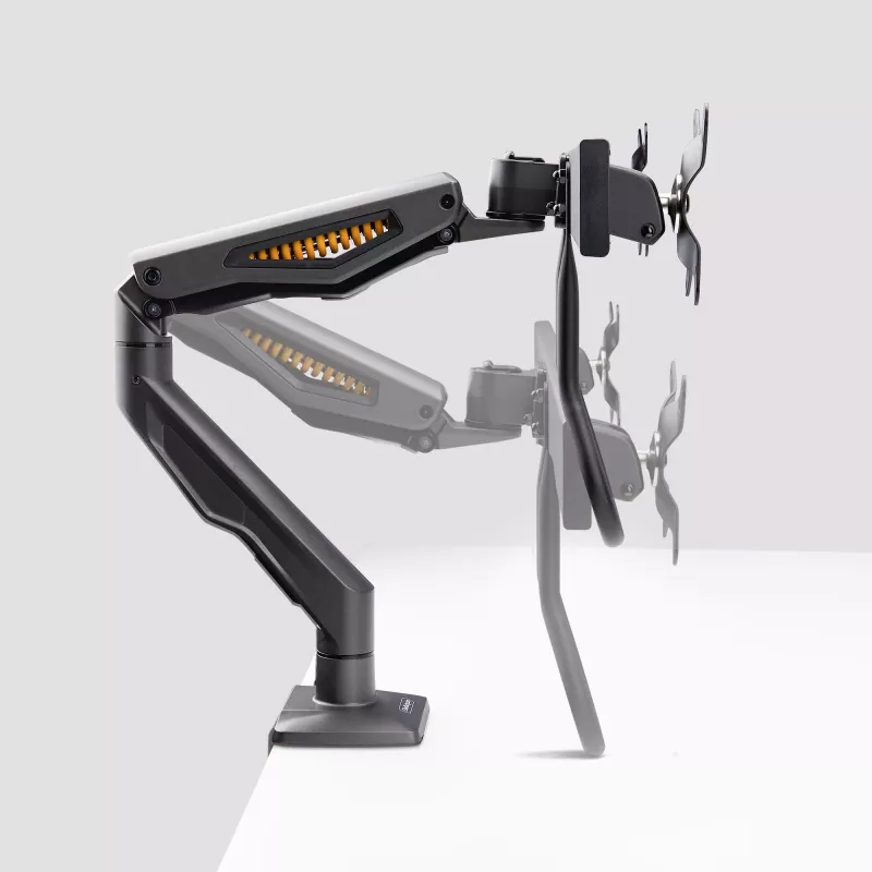 StarTech.com Soporte de escritorio brazo doble para monitor con barra transversal, hasta pantallas de 27 pulgadas, VESA 75x75/100x100, máx. 33 lb/15 kg, pinza en C, totalmente articulado, resorte mecánico, TAA