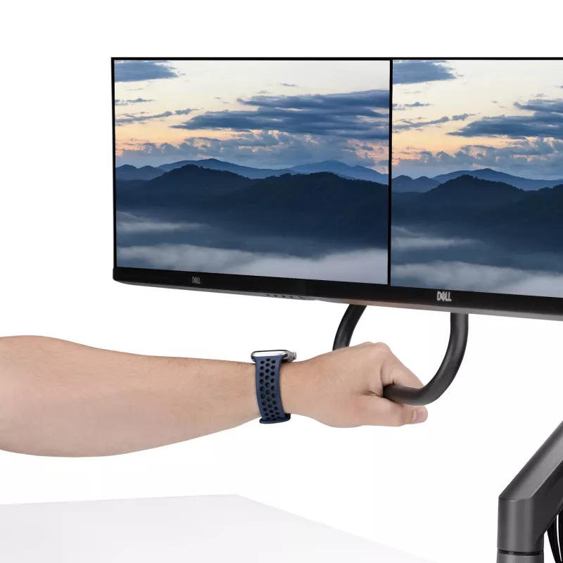 StarTech.com Soporte de escritorio brazo doble para monitor con barra transversal, hasta pantallas de 27 pulgadas, VESA 75x75/100x100, máx. 33 lb/15 kg, pinza en C, totalmente articulado, resorte mecánico, TAA