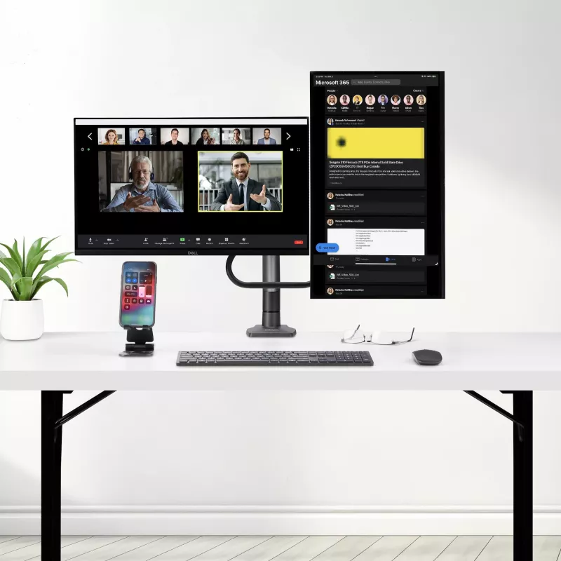 StarTech.com Soporte de escritorio brazo doble para monitor con barra transversal, hasta pantallas de 27 pulgadas, VESA 75x75/100x100, máx. 33 lb/15 kg, pinza en C, totalmente articulado, resorte mecánico, TAA