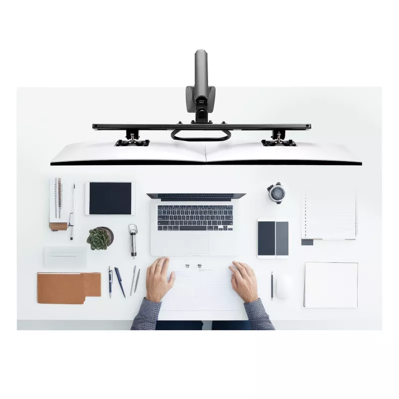 StarTech.com Soporte de escritorio brazo doble para monitor con barra transversal, hasta pantallas de 27 pulgadas, VESA 75x75/100x100, máx. 33 lb/15 kg, pinza en C, totalmente articulado, resorte mecánico, TAA