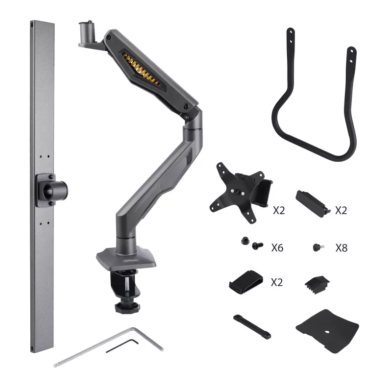 StarTech.com Soporte de escritorio brazo doble para monitor con barra transversal, hasta pantallas de 27 pulgadas, VESA 75x75/100x100, máx. 33 lb/15 kg, pinza en C, totalmente articulado, resorte mecánico, TAA