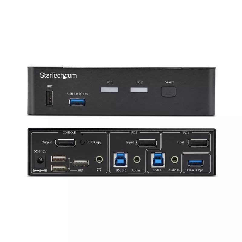 StarTech.com Switch KVM DisplayPort de 2 puertos, 4K 60Hz, DP 1.2, gestión EDID, hub USB 3.0 de 2 puertos, 4x puertos USB HID, conforme a TAA